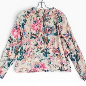 Matta Floral Paisley Blouse Small‎ Pink Teal Smocked Tie Neck Cotton Peasant Top